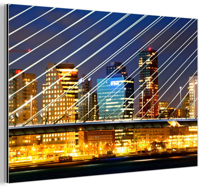Aluminium schilderij 180x120 cm - Wanddecoratie metaal - Rotterdam - Skyline - Licht - Metalen muurdecoratie woonkamer - Decoratie industrieel - Foto op dibond - Industriële accessoires slaapkamer