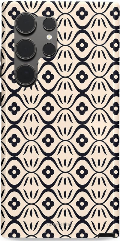 Casetastic hoesje geschikt voor Samsung Galaxy S24 Ultra - Dubbellaagse bescherming - Retro crème-zwarte bloemenprint - Fashion Case - Crème Grijs Donkergrijs