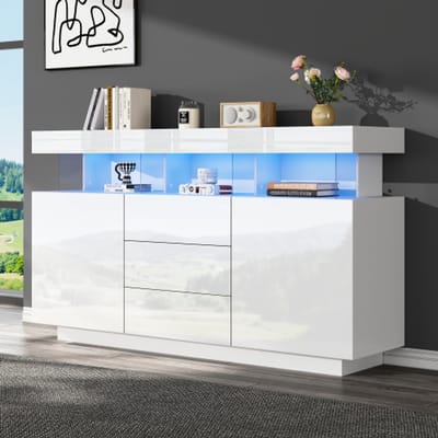 Learnlogic 140x35x80 cm modern sideboard, hoogglans sideboard, koffiebar, acryl sideboard met 16-kleurig LED-lichtstrip, geschikt voor eetkamer, keuken, gang (wit)