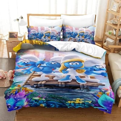 Housse de couette Schtroumpfs Motif Animé Mignon Impression 3D Ensemble de literie Elfes Bleus Pour Adolescents Adultes Avec Fermeture Éclair Décoration de Chambre EU Single(135*200cm)3pcs