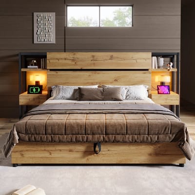Tweepersoonsbed 160x200 cm met Opbergruimte, Hydraulisch Opklapbed, Hoofdbord met Laden & USB/USB-C Oplaadpunten, Inclusief Nachtkastjes, Industriële Eikenlook