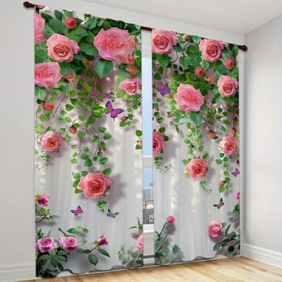 2-delige set Roze Roos & Vlinder Gordijnen Tunnelontwerp Voor Eenvoudig Ophangen Voor Slaapkamer Woonkamer Jaloezieën Raamdecoratie 100W130H(CM)40x51in&rod pocket gray
