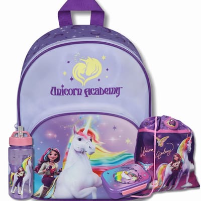 Unicorn Academy Schooltas Set 4-Delig – Rugzak, Gymtas, Lunchbox & BPA-vrije Drinkfles – Schoolset Meisjes – Paars