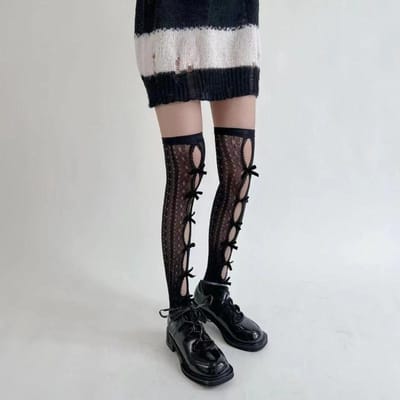 Magnifiques Chaussettes Hautes Lolita Creuses à Nœud Longues Rétro Amincissantes Douces Cool Hottie Favorite des Filles Jk Mailles Trouées Dentelle Gothique Chaussettes One Size gray