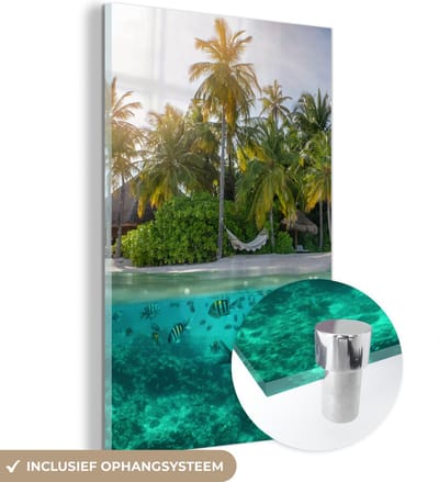 MuchoWow® Glasschilderij 120x180 cm - Schilderij acrylglas - Strand - Zee - Vis - Eiland - Foto op glas - Muurdecoratie woonkamer - Wanddecoratie slaapkamer - Schilderijen