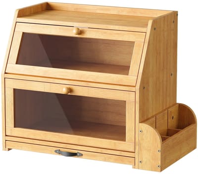 Velmio Bamboe Brood Bewaardoos - Brood Bewaarbak - Brooddoos - 3 Laags - Incl. Uitschuifbare Snijplank - Bestekhouder - Bamboo - 46 x 25 x 37 cm