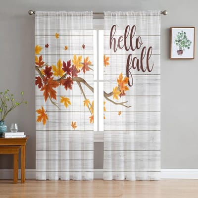 Maple Leaf Boerderij Retro Houtnerf Tule Gordijn voor Woonkamer Keuken Slaapkamer Transparante Tule voor Café Hotel Moderne Huisdecoratie 135W x 114H(cm) white