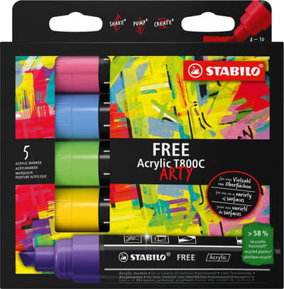 STABILO FREE Acrylic - Acryl Marker - T800C Seaside Set - Schuine Punt 4-10 mm - Etui Met 5 Kleuren