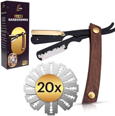 Sideja® Barbiersmes met 20 Mesjes – Professioneel Scheermes Mannen – Straight Razor – Herbruikbaar Open Scheermes – Baard Contouren & Precisie Scheren – Inclusief Verwisselbare Mesjes
