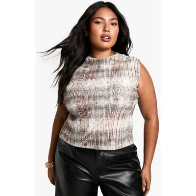 boohoo Dames Plus Hoge Hals Plisse Slangentop | Grey | Maat: 18