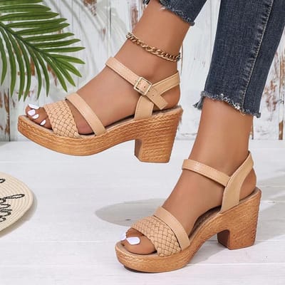 Dames Gevlochten Dikke Hak Sandalen Zomer Enkelband Platform Gladiator Sandalen Vrouw Mode Geweven Hoge Hak Sandalen 41 kameel