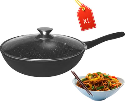 Cheffinger Wokpan met Glazen Deksel Ø 28 cm - Geschikt voor inductie - Zwart