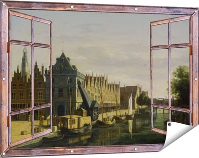 Gards Tuinposter Doorkijk De Waag en de Kraan aan het Spaarne te Haarlem - Gerrit Adriaensz Berckheyde - 120x80 cm - Tuindoek - Tuindecoratie - Wanddecoratie buiten - Tuinschilderij