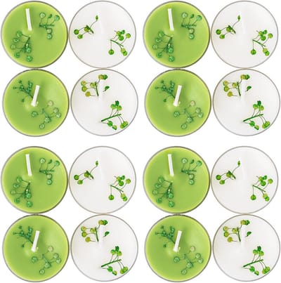Set van 16 premium geurkaarsen en theelichtjes met sojawas en gedroogde bloemen decoratie, wit en groen, 4 geuren voor ontspanning en woondecoratie