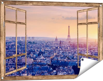 Gards Tuinposter Doorkijk Skyline van Parijs tijdens Zonsondergang - 90x60 cm - Tuindoek - Tuindecoratie - Wanddecoratie buiten - Tuinschilderij