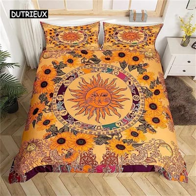 Dekbedovertrek Gele Zon en Maan Zonnebloem Dekbedovertrek Vintage Indiaas Boho Bloemen Beddengoed Gekleurde Mandala Stam Boheemse Stijl EU single(135x200cm)