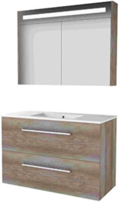 Basic-Line Premium 46 Badkamermeubelset - 100 x 46 cm - Met Grepen - 2 Lades - Keramische Wastafel - 1 Kraangat - Spiegelkast met LED Verlichting - Scotch Oak