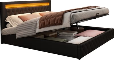 Merax Bed 140x200 cm - Tweepersoonsbed met Lattenbodem en Opbergruimte - LED Verlichting - Zwart Kunstleer
