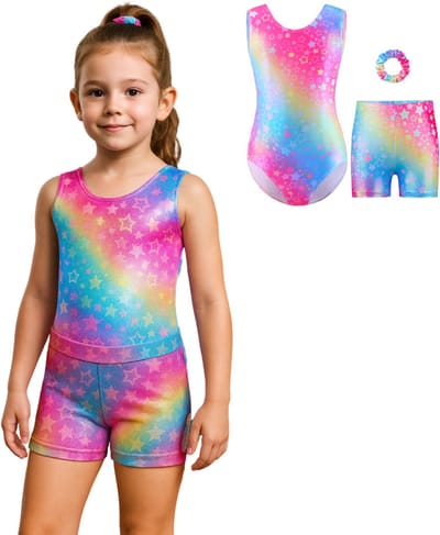 Joya Kids® Turnpakje Meisjes Metallic zonder Mouwen met Broekje en Scrunchie | Regenboog met Glitters en Sterren Print Ballet pakje | Gymnastiekpakje Zomer zonder Mouw | Turnen | Turn Pakje set | Maat 110