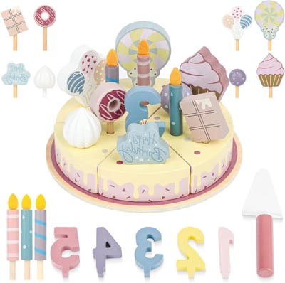 Houten Speelkeuken Verjaardagstaart voor Kinderen, Keukenaccessoires en Rollenspel Speelgoed, Roze Keukenset voor Creatief Spelen