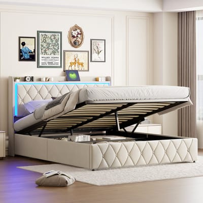 Gestoffeerd tweepersoonsbed 160 x 200 cm met ledverlichting en opbergruimte, hoofdbord met USB-aansluitingen, hydraulisch opbergbed, bed met rugleuning, bedframe 160 x 200 cm, tienerbed in fluwelen stof, zonder matras