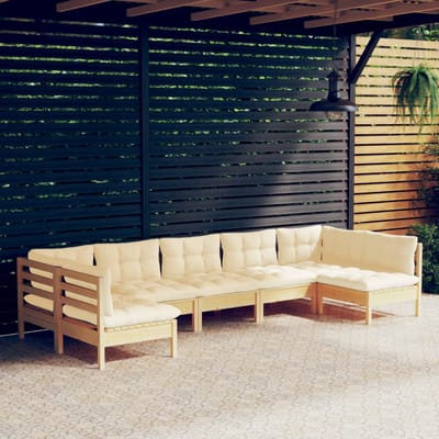 vidaXL - 7-delige - Loungeset - met - crèmekleurige - kussens - massief - grenenhout