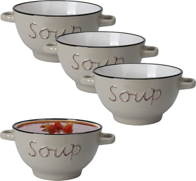 Excellent Houseware soepkom gres - 4x - bruin - porselein - D14 cm - serveer/snackschaaltje