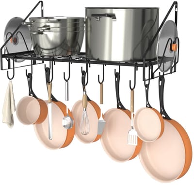 Dailygoods- Pannenrek Robuust - Keukenrek Hangend - 12 Haken - 2 Dekselhouders - Hoogwaardig Staal - Capaciteit tot 23 kg