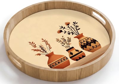 Dienblad rond 40x40 cm - Schootdienblad hout - Vazen - Bloemen - Bladeren - Minimalistisch - Borrelplank rechthoek - Plateau houten dienbladen
