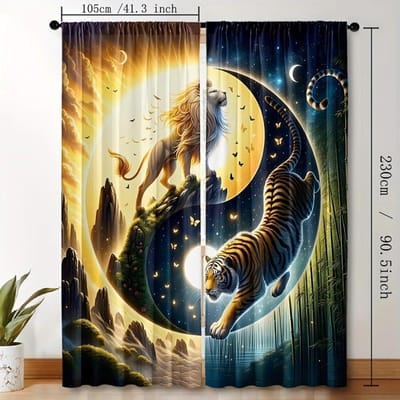 2 stuks HD Digitaal Bedrukte Gordijnen Woonkamer Stang Zak Gordijnen Zwart Tai Chi Gouden Zilveren Draak Print Gordijn Voor Slaapkamer W50xH130(CM)x2PCS-Grommet Top