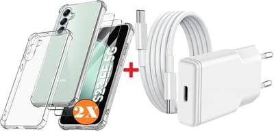 USB C Adapter - oplader - USB C Snellader 20W Met 1m Kabel - Hoesje Geschikt voor Samsung Galaxy S23 FE hoesje transparant Anti Shock silicone met 2x screenprotector- Ntech COMBI-SET