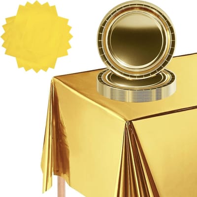 Complete Metallic Gouden Feestservies Set met 16 Papieren Borden, 20 Servetten en Tafelkleed voor Verjaardagen, Bruiloften en Feestjes