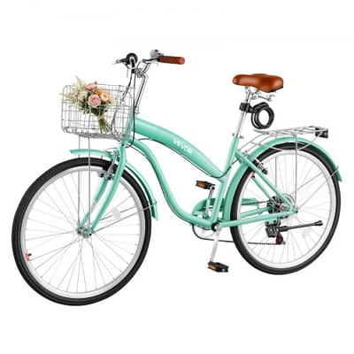 VEVOR dames cruiserfiets van 26 inch, draagvermogen 150 kg, 7 versnellingen, lichtgroen, voor woon-werkverkeer, boodschappen en strandritjes, met verstelbaar PU-zadel, V-remmen, bagagedrager tot 50 kg en gereedschapskit.