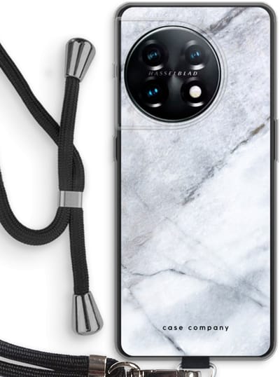 Case Company® - Hoesje met koord geschikt voor OnePlus 11 hoesje met Koord - Witte marmer - Telefoonhoesje met Zwart Koord - Bescherming aan alle Kanten en Over de Schermrand