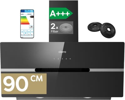 CIARRA VM9736FB - A+++ 683 m³/u Schuine Afzuigkap 90 cm - Wi-Fi & SensorTouch Bediening - BOOST Functie - Recirculatie & Luchtafvoer Koolstoffilters meegeleverd - Zwart