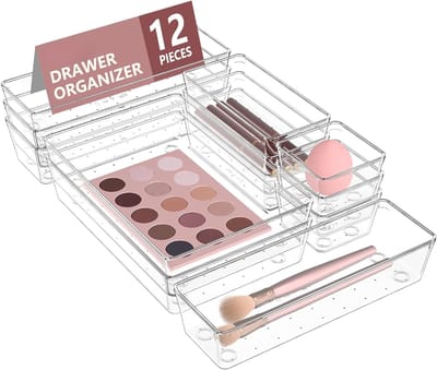 Famanu – Set van 12 lade-organizers, transparante kunststof opbergbakken in 4 maten voor badkamer, kaptafel, keuken en kantoor