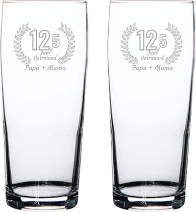 Gegraveerde set bierfluitjes 19cl Papa + Mama 12,5 jaar getrouwd