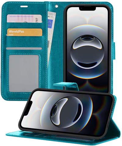 Hoesje - Geschikt voor Apple iPhone 16e / 17e - Luxe Bookcase - Walletcase Hoes - Portemonnee - Cover - Telefoonhoes - Turquoise