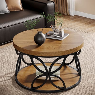 LITTLE TREE Ronde Salontafel - 80 x 80 x 46 cm - Landhuis Stijl - 2 Laags Opbergblad - Hout En Metaal - Voor Woonkamer Kantoor - Bruin