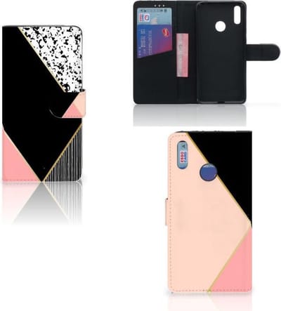 Book Case voor Huawei Y7 (2019) Book Case Zwart Roze Vormen