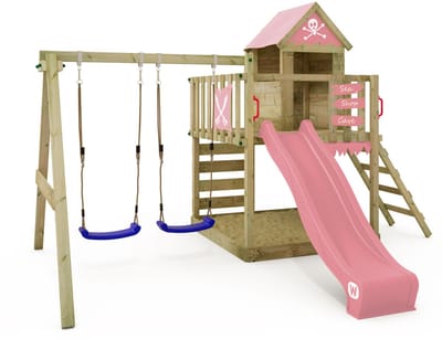 Wickey Smart Cave Speeltoestel - Dubbele schommel met Glijbaan en Speelhuisje - Klimwand & Zandbak - 339x436x265 cm - Pastelroze