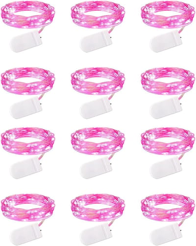Valentijnsdag 12-pack roze led-lampjes op batterijen, waterdichte lichtslingers van zilverdraad, 2,1 meter, 20 led-lampjes met vuurvliegjes en sterrenhemel voor doe-het-zelf bruiloft, feest, slaapkamer