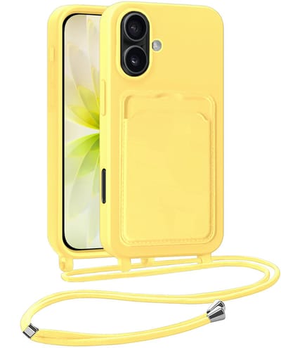 Hoesje Geschikt voor iPhone 17 Telefoonhoesje Met Koord Case Pashouder Siliconen - Hoes Geschikt voor iPhone 17 Hoesje Met Kaarthouder - Geel