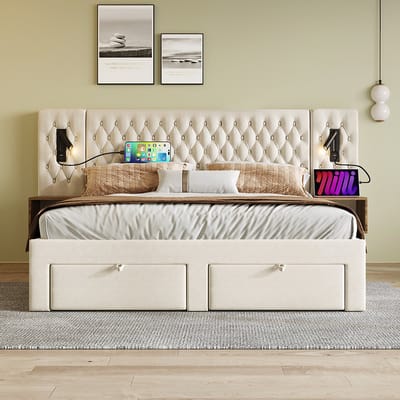 KOMHTOM Tweepersoonsbed met opbergruimte Bed 160x200 cm 2 nachtkastjes en 4 laden hoofdbord met USB-oplader Fluweel Beige