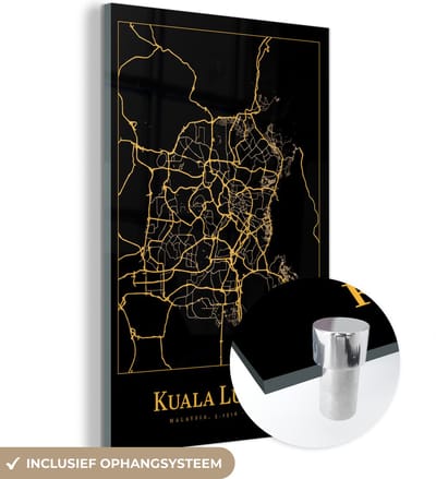 MuchoWow® Glasschilderij 40x60 cm - Schilderij acrylglas - Kaart - Kuala Lumpur - Goud - Zwart - Foto op glas - Schilderijen