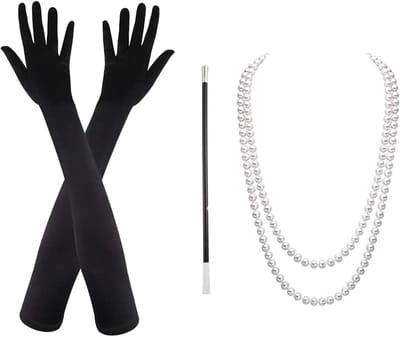 Elegante 3-delige set met parelketting, zwarte handschoenen en accessoires voor Charleston en Great Gatsby thema's