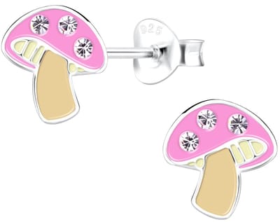 Joy|S - Zilveren paddenstoel oorbellen - 8 mm - roze met kristal