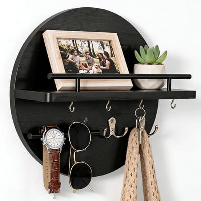 Vintage Sleutelhanger met Plank, Houten Sleutelkast met 6 Haakjes voor Woonkamer, Kantoor, Keuken en Slaapkamer, Ideaal voor Organisatie en Decoratie