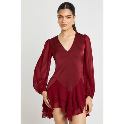 boohoo Dames Chiffon Mix Paneel Smock Jurk | Merlot | Maat: 36