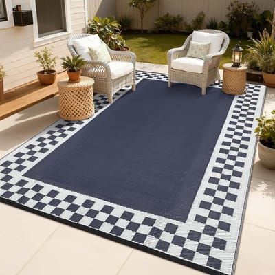 Waterdicht buitentapijt, 270 x 360 cm, groot kunststof stro terras- en kampeertapijt, omzoomd, binnen en buiten, omkeerbaar buitentapijt, eenvoudige reiniging voor vlonder, veranda, achtertuin